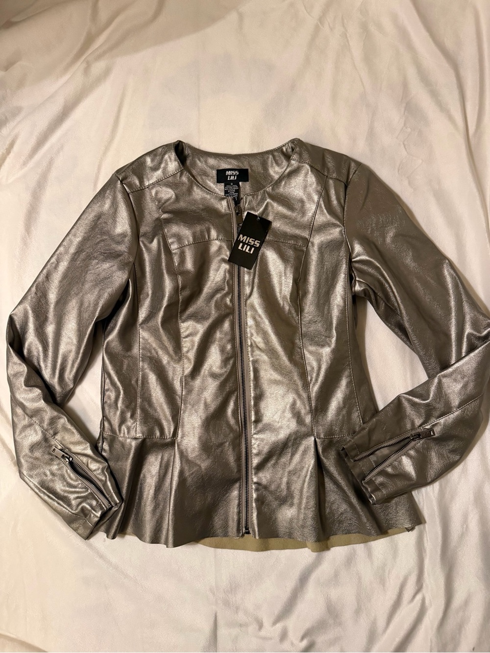 Miss Lili Metallic Silver Peplum-Style Faux Leather Jacket